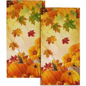Fall Orange Hand Towels Set of 2 Autumn Pumpkins Towel for Bathroom 14x28 Inch Thanksgiving Harvest Fingertip Towels Super Soft Quick Dry Face Towel for Home Kitchen Spa Hotel Fall Decoration