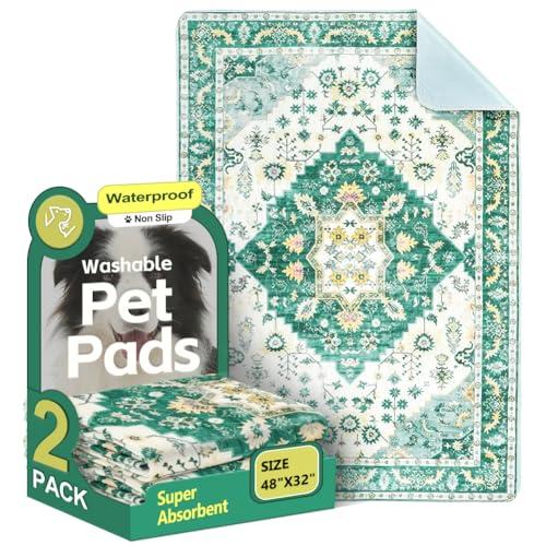 Washable Pee Pads for Dogs 2 Pack Reusable Puppy Training Pads 48"x32" Super Absorbent Waterproof Dog Training Pads, Non-Slip Potty Pads Whelping Pads Litter Mat Pet Supplies - Green Medallion