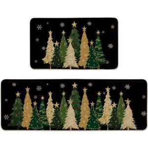 Artoid Mode Black Snowflakes Xmas Trees Christmas Kitchen Mats Set of 2, Winter Low-Profile Home Decor Kitchen Rugs for Floor - 17x29 and 17x47 Inch