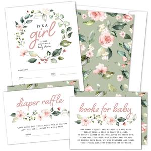 Baby Shower Invitations for Girl with Envelopes (Set of 25) - Floral Baby Shower Invites for Girl with Diaper Raffle Tickets and Book Request Cards - Boho Baby in Bloom Pink Invitation Set