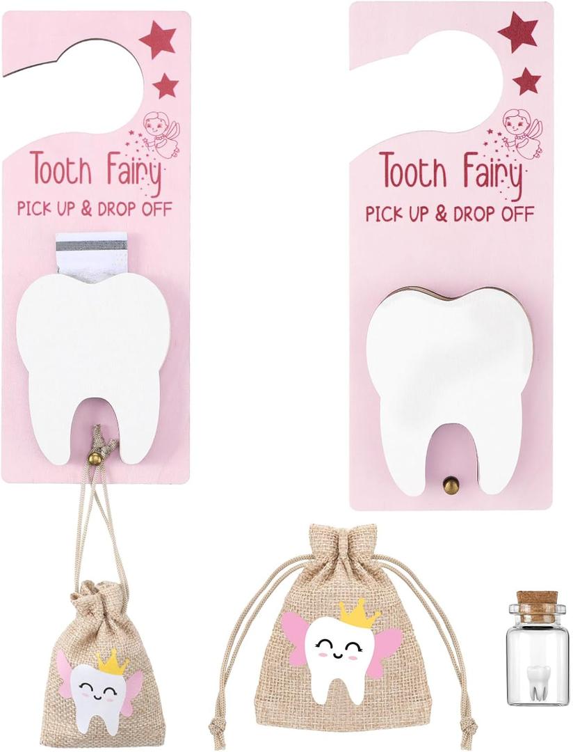 DoubleFill Tooth Fairy Gift Holder Bag Door Hanger Tooth Fairy Kit Stores Lost Teeth Keepsake Box Easter Gift World Oral Health Day Gifts for Lost Teeth Boy Girl(Classic,Pink Brown)