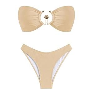 ZAFUL Women's Bandeau Bikini Set Tie Back Swimwear O Ring Strapless Two Piece Bathing Suit Apricot M