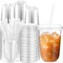 Set of 100 Clear Plastic Cups with Lids and Straws, Disposable Iced Coffee Cups Clear Drinking Cups for Cold Drinks, Juice, Smoothie, Pet Cup for Coffee Shops, Party, Christmas (16 oz)