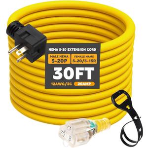 Kanayu 30 FT NEMA 5-20 Extension Cord, 5-20P Male Plug to 5-20/5-15R Female Receptacle, 20 Amp T-Blade Outlet Extension Power Cord with Indicator Light, 12 AWG, ETL Listed