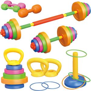 6-in-1 Kids Weight Set- Dumbbell, Barbell, Kettlebell, Ring. Adjustable Workout Equipment Toy for Children Pretend Kids Exercise Equipment, Toddler Weights Gym Workout Bench Set Gift for Baby Boy Girl