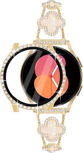 Bling Band with Case Compatible with Samsung Galaxy Watch 4 & 5 40mm 44mm Model，20mm Stylish Stainless Band Bling Diamond Butterfly Bracelet for Women (Gold-40MM)