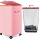 Laundry Hamper with Wheels,20 Gal (75L) Laundry Basket with lid Rolling Clothes Hamper Foldable Dirty Clothes Basket on wheels with Bamboo Frame and Bag for Bedroom, Dorm, Laundry Room-Pink