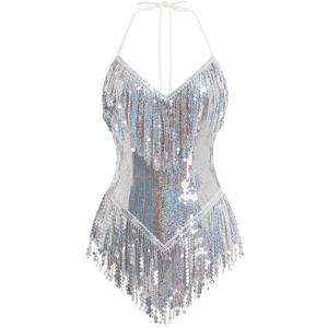 IBAKOM Sexy Sequins Fringe Bodysuit Halter Lace Up Back Jazz Latin Dance Tassel Leotard Acrobat Costume Rave Concert Outfits (Large, Silver)