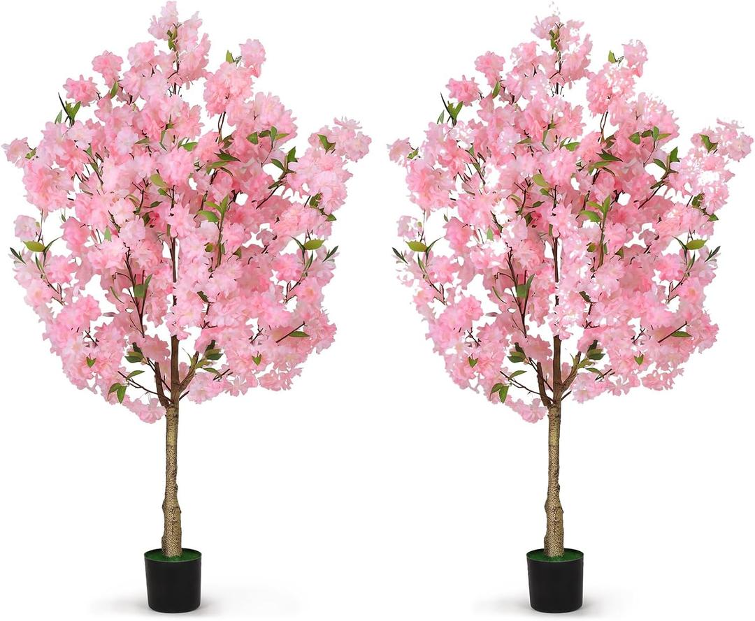 OUSHENG 2 Pack Artificial Cherry Blossom Tree, Fake Plants Indoor Decor, Faux Pink Sakura Flowers for Living Room Home House Entryway Bedroom Office Inside Decorations, 4FT