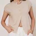 Womens Rolled Cap Sleeve Knit Top Button Front Summer Lightweight Sweater Shirt (Beige, M)