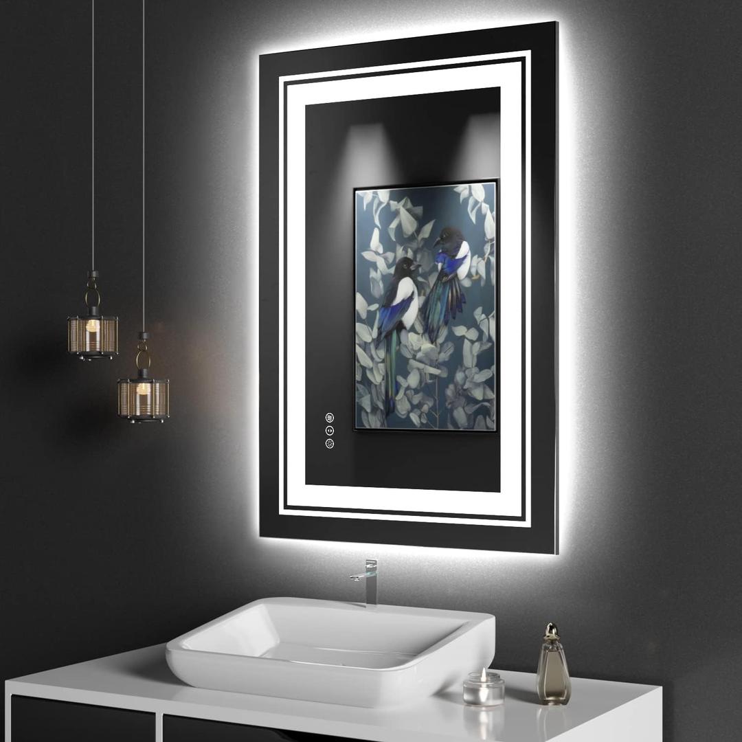 Snowdool LED Bathroom Mirror, 24"x36" with Front and Backlit, Anti-Fog, Bathroom Vanity Mirror for Wall, Memory Function, Stepless Dimmable, Tempered Glass (Horizontal/Vertical)