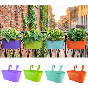 LaLaGreen Rail Planter (9.8 Inch, 4 Pack) Colorful Outdoor Railing Modern Garden Style Iron Deck Decoration Balcony Gardening for Apartment Patio Planters Porch Decor Pots Hanging Flower Fence