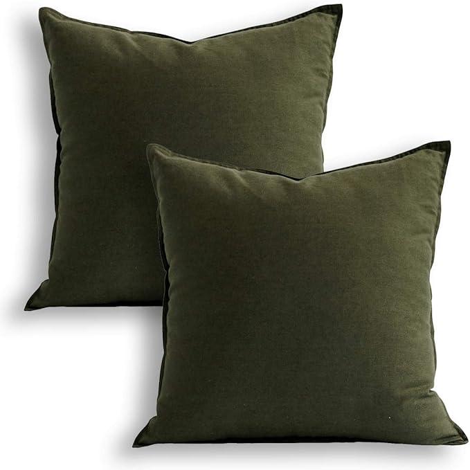 Jeanerlor Pack of 2 24 x 24 Inch Cotton Linen Soft Soild Decorative Square Throw Pillow Covers Green Cushion Case Set for Bedroom/Sofa/Car 60 x 60cm,Olive Green