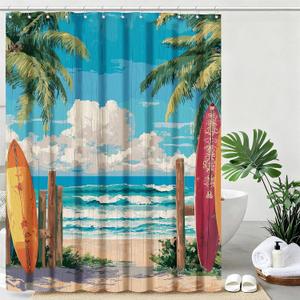 Coastal Surfboard Shower Curtain Tropical Palm Tree Shower Curtains for Bathroom Waterproof Fabric Bath Curtain Decor with Hooks (72"W x 72"L (Pack of 1))
