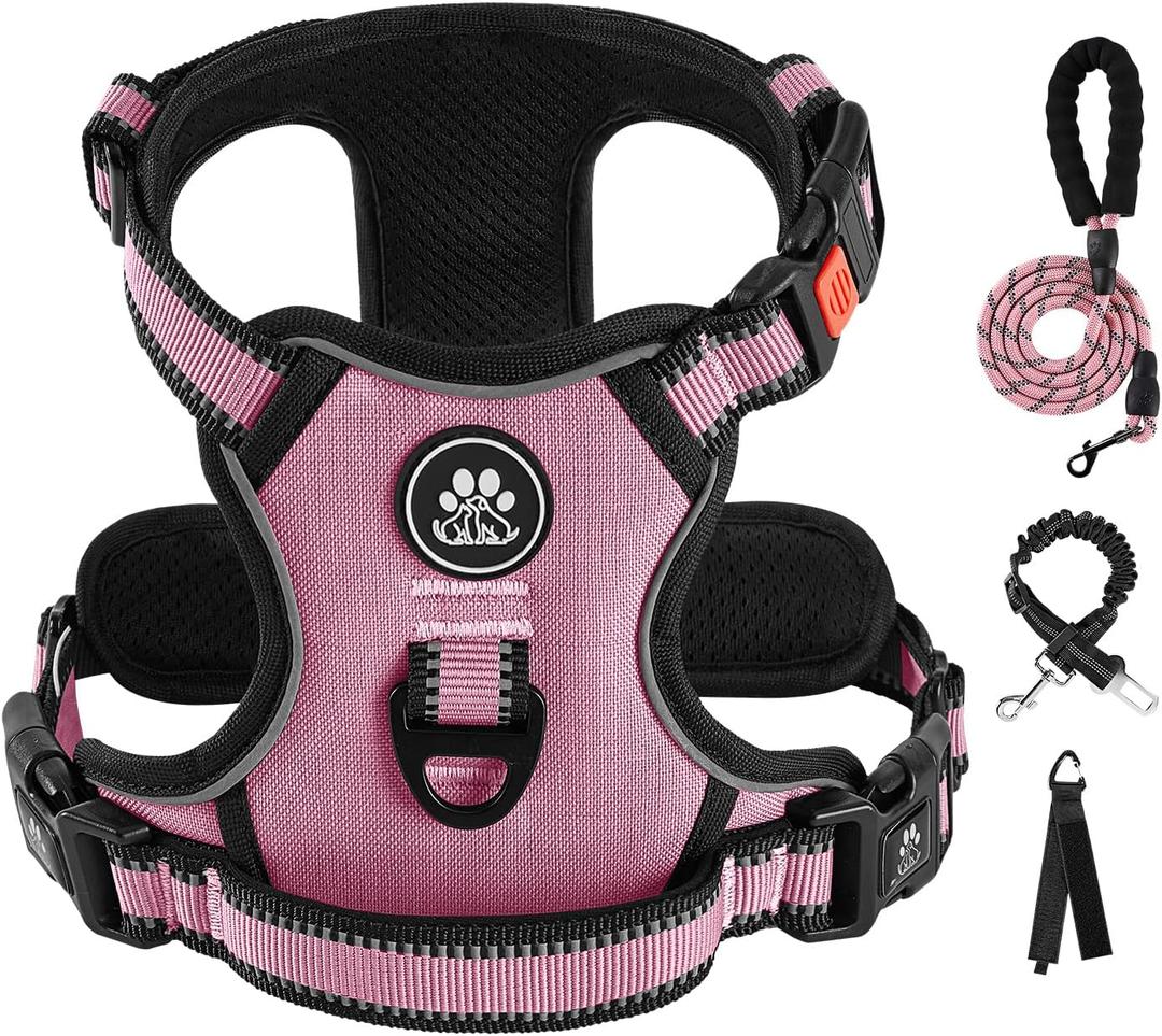 IVY&LANE No Pull Dog Harness for Medium Dogs, Dog Vest Harness with Leash, Safety Belt and Storage Strap, Fully Adjustable Harness, 360 Reflective Strip, Soft Handle (Pink, M)