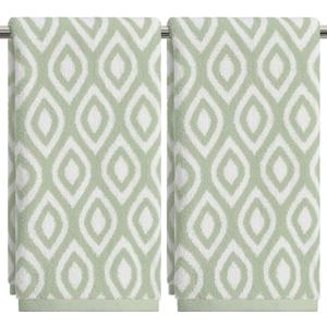 Artoid Mode 2 Pcs Beige Green Diamond Grid Jacquard Hand Towels for Bathroom, 100% Cotton Soft Absorbent Bathroom Decor Towels, 13.7 x 29.5 Inch