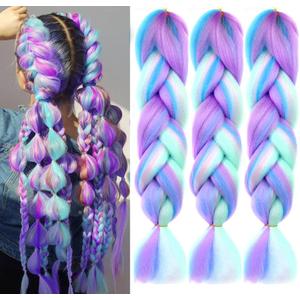 Ombre 4 Colors Mix Braiding Hair 3pcs Extensions Jumbo Hair Rainbow Color Colorful Twist Braid wigs Dreadlocks ( Pink /Purple/Green/Blue/ Light Cyan) (Lot 24Inch) (ps18)