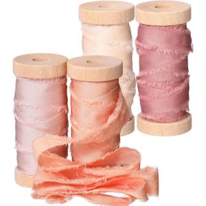 Mindsoft Frayed Chiffon Ribbon for Craft, Christmas Silk Satin Ribbons 1/2-1/4 Inch x 20 Yard Handmade Fabric Strips with Wooden Spool for Wedding Gift Wrapping(Colorful)