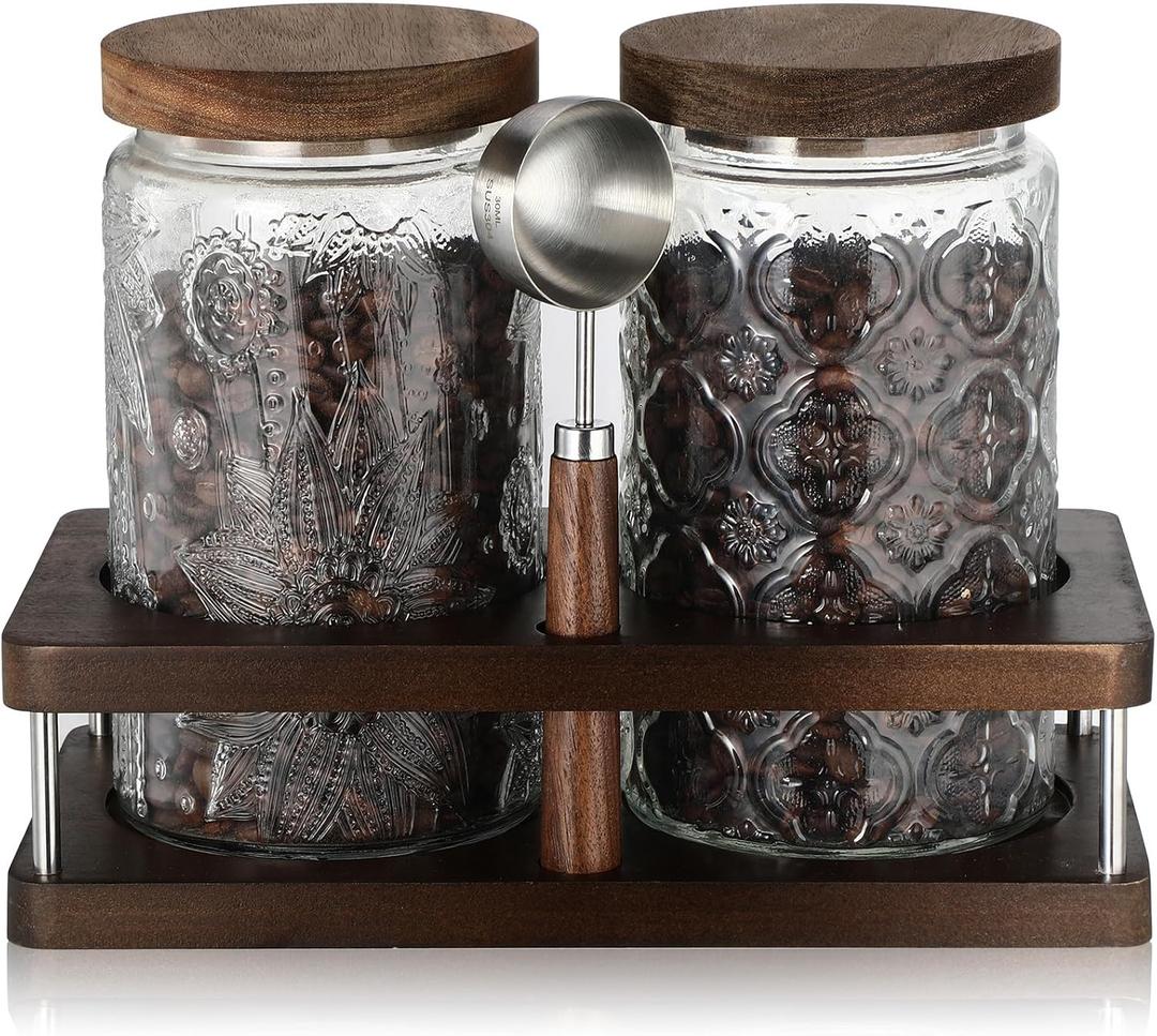 Suclain Glass Coffee Grounds Container with Shelf 2 x 34 oz Glass Coffee Bean Storage Canisters with Airtight Thread Lid and Measuring Spoon Food Storage Jars for Kitchen Sugar Nut