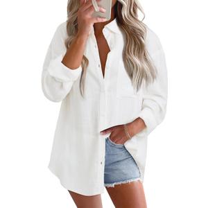 Astylish Women 2026 Loose Fit Tops Cotton Linen Button Down Shirts Collared Roll Up Long Sleeve V Neck Blouses (White, M)
