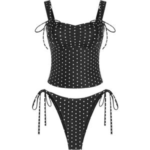 ZAFUL Women's Gingham Ruched Bowknot Decor Cinched Back Tankini Set Tummy Control 2 Piece Bikini Swimsuits (Medium)