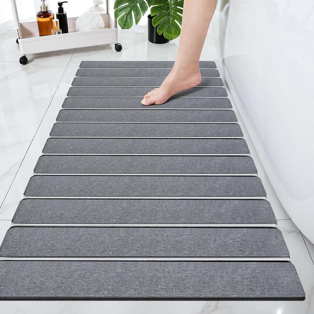 Cuckan Foldable Stone Bath Mats for Bathroom Super Absorbent Diatomaceous Earth Bath Mat Quick Dry Bath Rug Drying Mats with Non Slip Shower Rug Tub Shower Mat (Dark Gray)