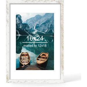 Hongkee 16x24 Frame, Distressed White Wood Style - Display Posters 12 x 18 with Mat or 16x24 without Mat, Wall Mounting Horizontal and Vertical, 1 Pack