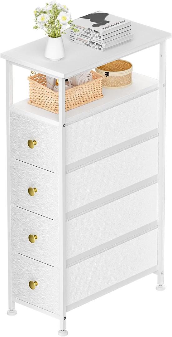 YILQQPER Narrow Dresser for Bedroom, Slim Dresser Storage Tower, Chest of 4 Fabric Drawers with Wood Shelf, Bathroom Organizers and Storage for Small Spaces, Laundry, Closet, White