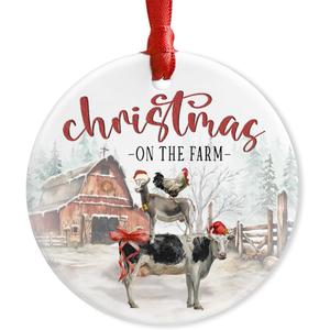 2 x Farmhouse Christmas Ceramic Ornaments - Holy Cow, Goat, Chicken Farmhouse Animals Decoration Hanging Tree - Merry Xmas On The Farm Ornament