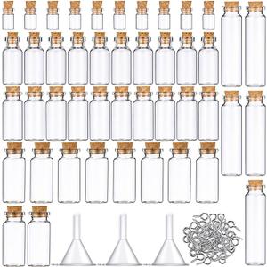 Sherli 45 Pcs Small Mini Glass Bottles with Cork Stoppers Small Glass Jars with Lids Tiny Spell Jars with 50 Eye Screws and 3 Funnels for DIY Art Craft(0.5ml, 2ml, 5ml, 10ml, 20ml)