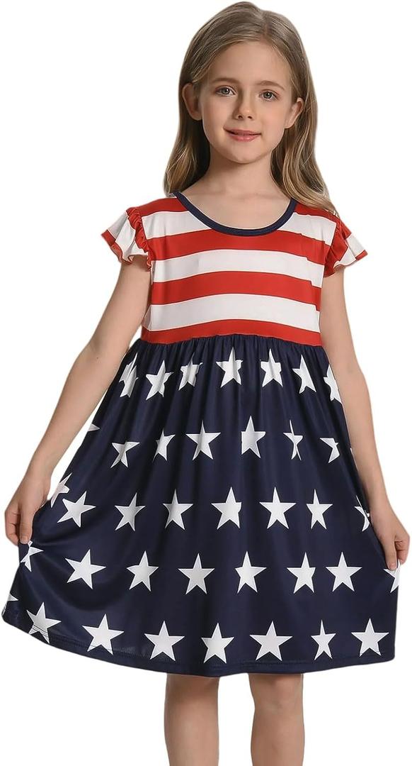 RONGTAI Girls 4th of July Dress Size 9-10 Red White and Blue Flying Sleeves Crew Neck Patriotic A Line Dresses with American Flag Stars and Stripes Summer Playwear for Kids