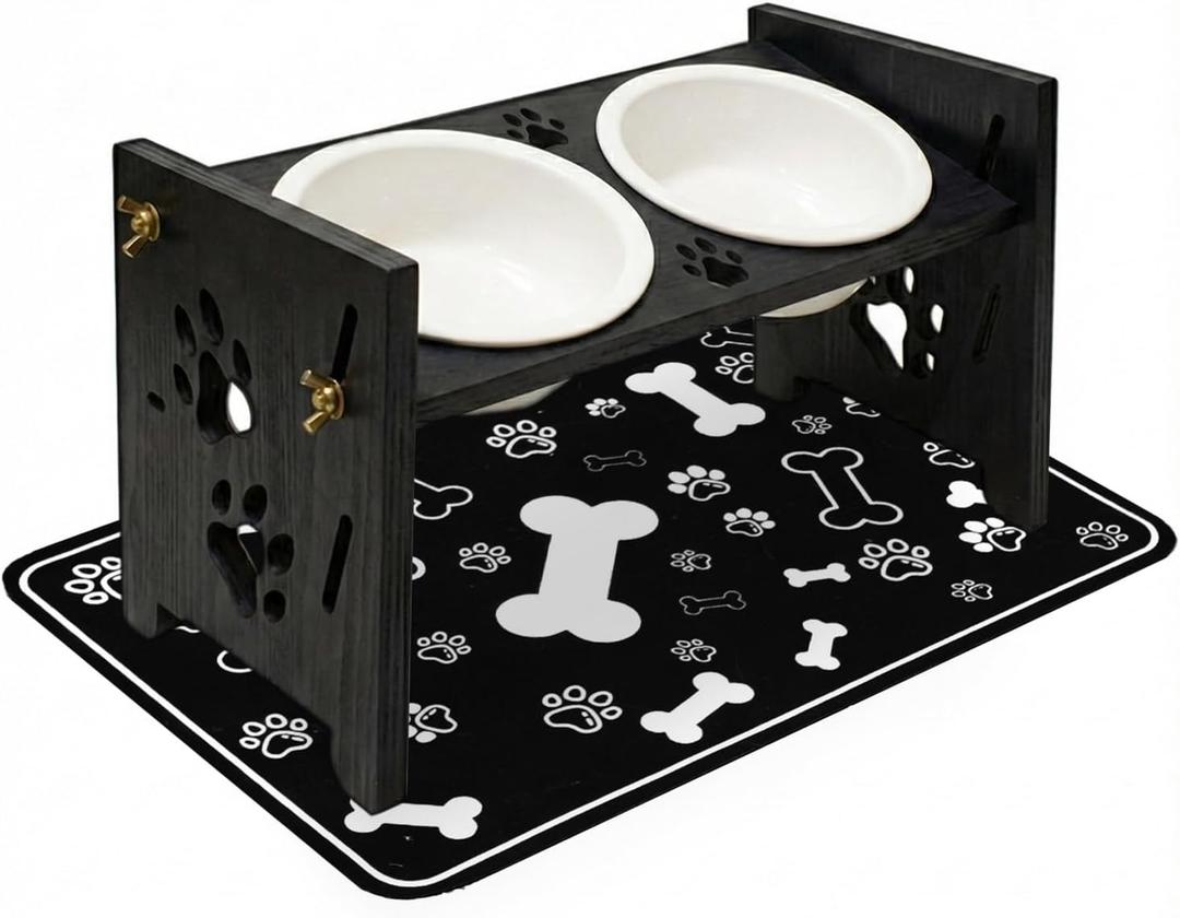 2026 New Elevated Cat Bowls with Food Mat, Adjustable Height & Angle Raised Cat & Dog Bowls Stand for Food and Water, Cat or Small Dog Feeding Station, 2 Ceramic Bowls for Cats and Puppy(Black Wood)