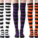 3 Pairs Halloween Long Striped Knee High Socks for Women Witches Striped Costume Leggings High Tights Socks