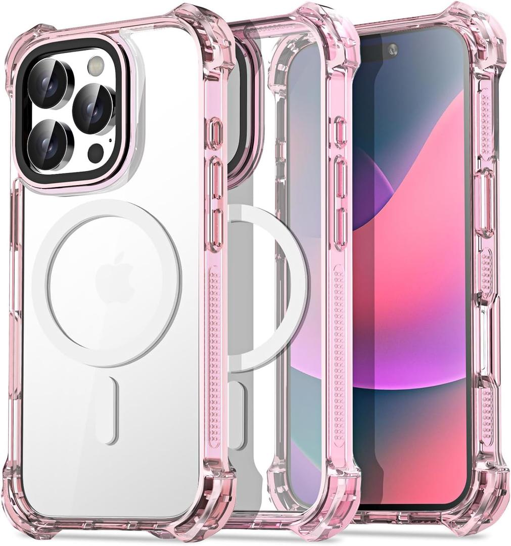 AICase Bounce Case Compatible with iPhone 16 Pro Compatible with Magsafe Clear with Pink Bumper, Magnetic [Non-Yellowing] [21.3 FT Military Drop Protection] Mag Safe Magnet Phone Cover