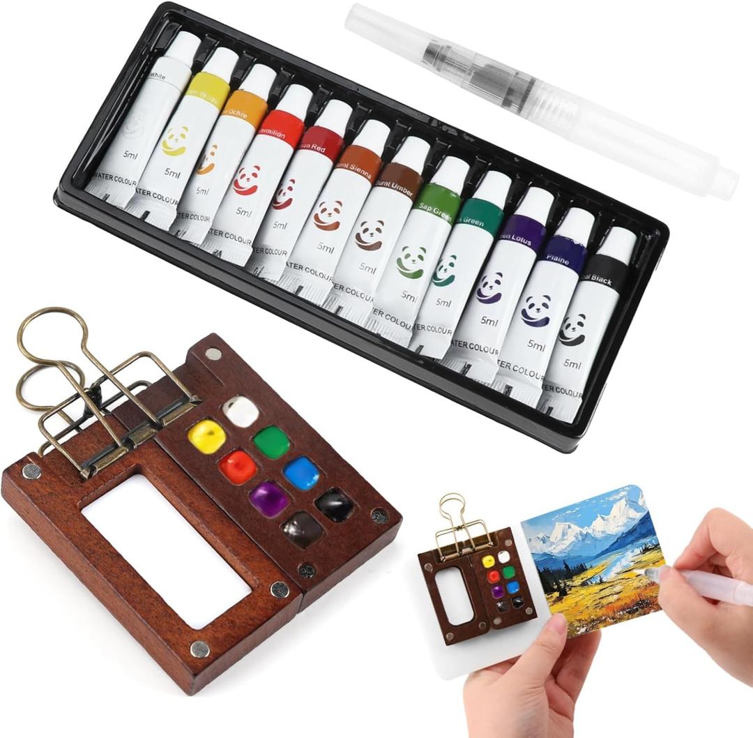 Pocket Artist Watercolour Travel Set, Portable Palette, 8 GridsTravel Watercolour Paint Palette Set With Metal Clip, Watercolor Pen, Watercolor Paint, Mini Sketchbook Gift For Painters And Artists