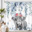 Blue Eucalyptus Highland Cow Shower Curtain Watercolor Floral Leaves Cattle Plants Botanical Bathroom Decor Waterproof Fabric Cloth 72Lx72W Inch with 12PCS Hooks