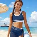 Girls Swimsuit Double Strap High Waist Sporty Bikini Swimsuits Swim Cover Up Skirt 3 Piece Set (Blue) 15-16Y
