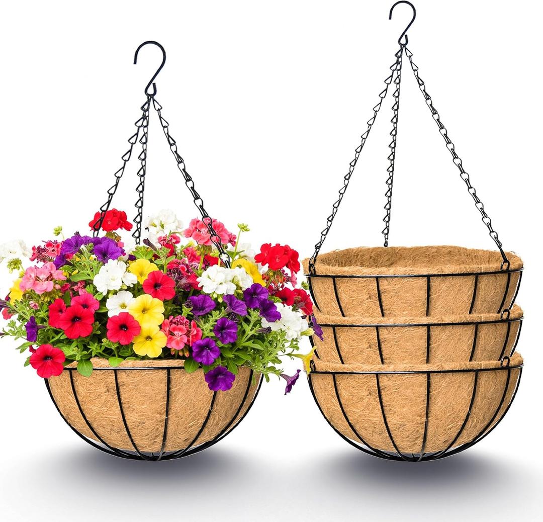 4 Pack 14 Inch Hanging Baskets for Plants Outdoor Metal Hanging Planter Basket with Coco Coir Liner Hanging Flower Baskets Hangings Flower Pots Holder for Garden, Patio(Watermelon)