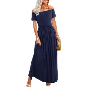 Amoretu Dresses for Women Short Sleeve Off Shoulder Maxi Flowy Casual Loose Plain Dress with Pockets (Large, Navy Blue)
