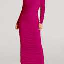 PRETTYGARDEN Women's Fall Off The Shoulder Maxi Dress Spring Long Sleeve Ruched Fitted Bodycon Club Dresses with Slit (Pink)