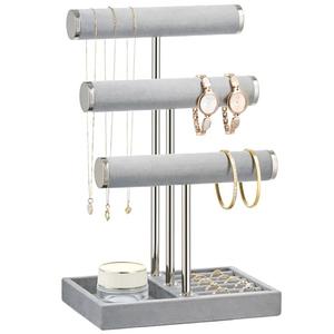 bussdis 3 Tier Bracelet Holder Display - Detachable T Bar Grey Velvet Bracelet Holder, Jewelry Holder Organizer for Bracelet, Necklace, Earrings, Rings