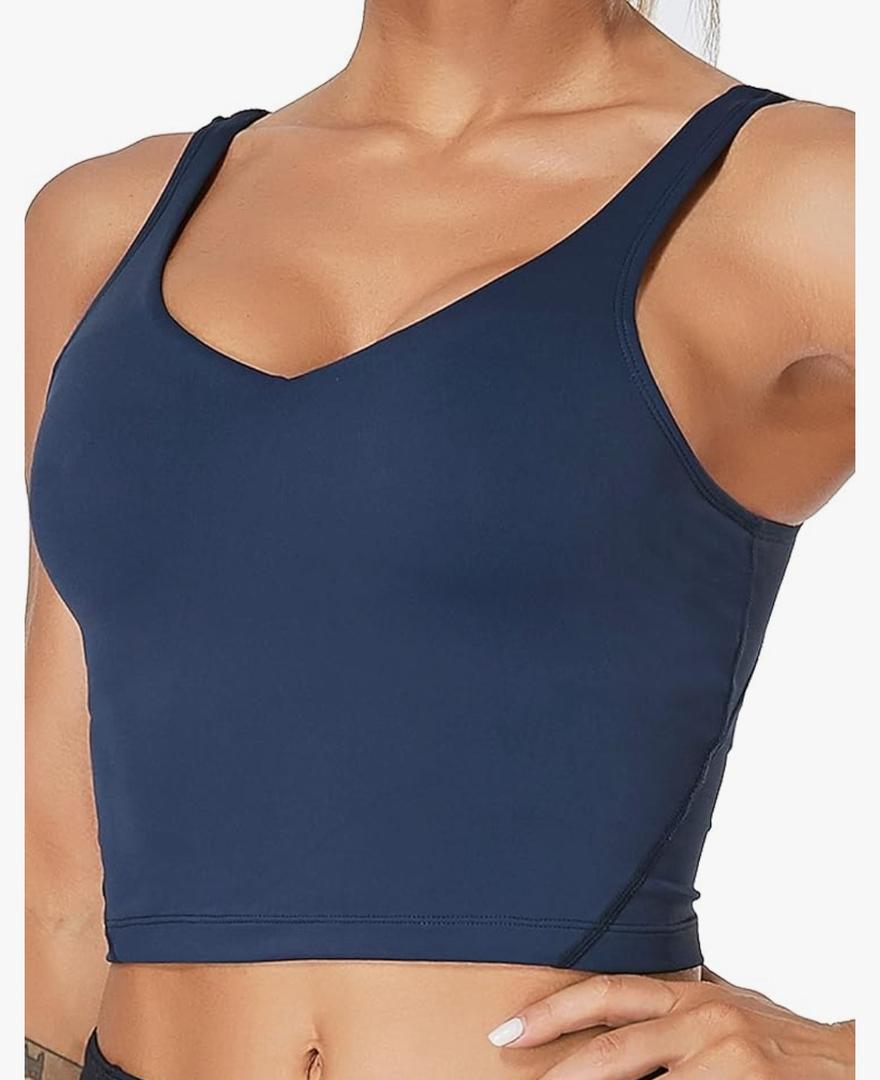 Oalka Sports Bra Womens Longline Padded Crop Tank Yoga Bras Workout Fitness Top (Navy Blue, XL)