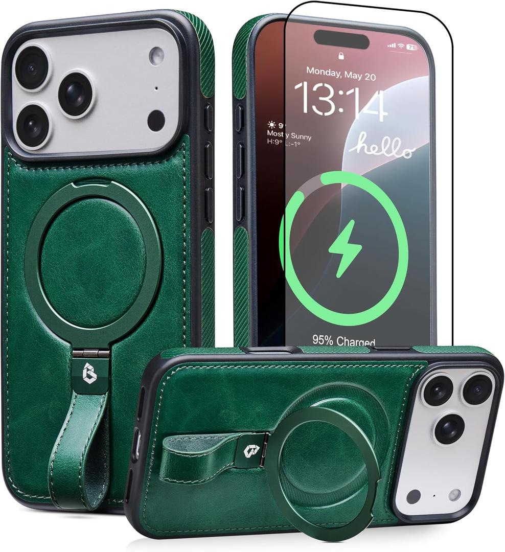 For iPhone 17 Pro Leather Case with Stand, Anti-Slip Grip Ring, Fits for MagSafe (Green, iPhone 17 Pro)