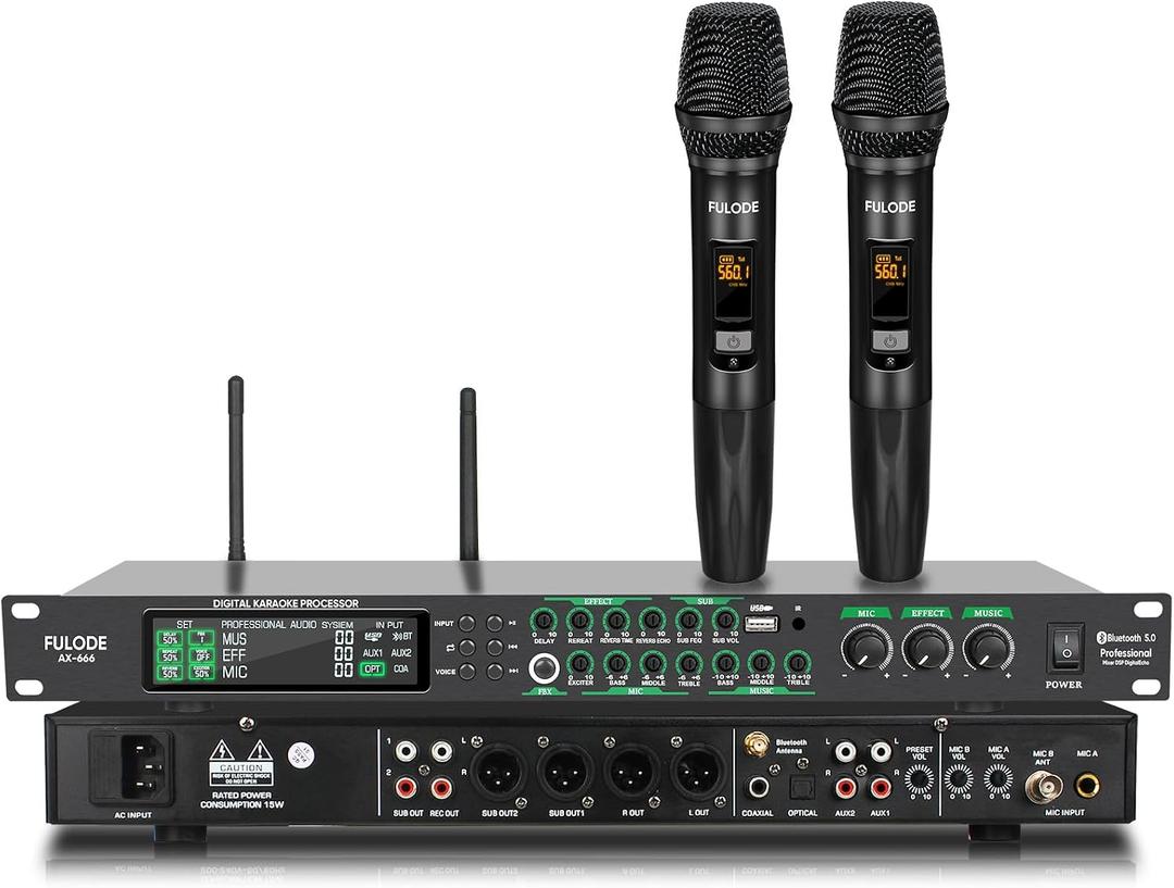 AX-666 Professional Karaoke Processor KTV Mixer with Dual Wireless Microphones, Digital Pre-Stage Effector Audio Vocal Effects Processor System with DSP Anti-Howling USB MP3 Bluetooth Optical