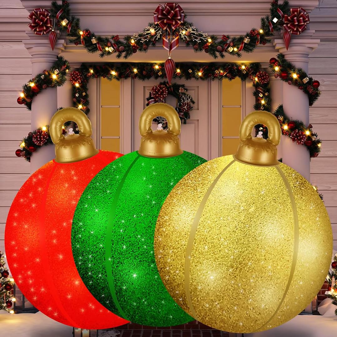 24 Inch Inflatable Christmas Ornament Balls, 3 Pack Large Glitter Blow Up Decorations  Sparkling Reusable Outdoor & Indoor Holiday Balls for Yard, Lawn, Porch & Tree