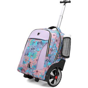 Rolling Backpack,Waterproof Backpack with Wheels for Business and Travel Commuter, Carry on Backpack with Laptop Compartment, Fit 17 Inch Laptop, Wheeled Backpack for Adults (20IN, Pink Flower)