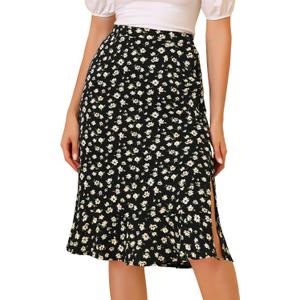 Allegra K Women's Floral Midi Skirts Summer Ruffle High Waist Flowy A-Line Split Knee Length Skirt, X-Large, Black