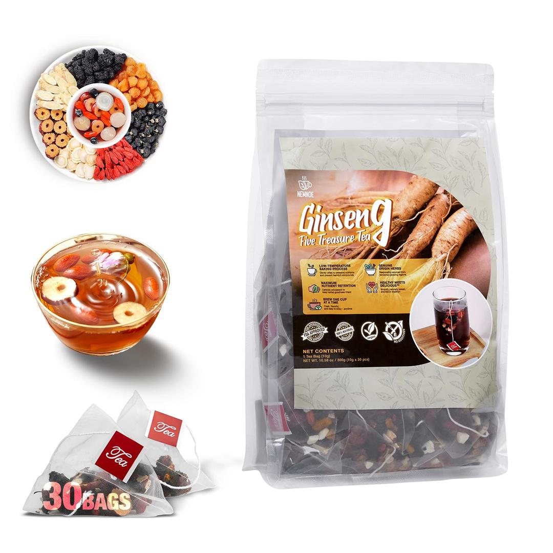 2 x 30Pcs Ginseng Five Treasures Kidney Tea,Traditional Chinese Herbal Health Tea,Natural Organic Kidney Cleanse Detox Teabags Gift for Men&Women,8 Precious Ingredients Formula (1 Pack/30Bags)