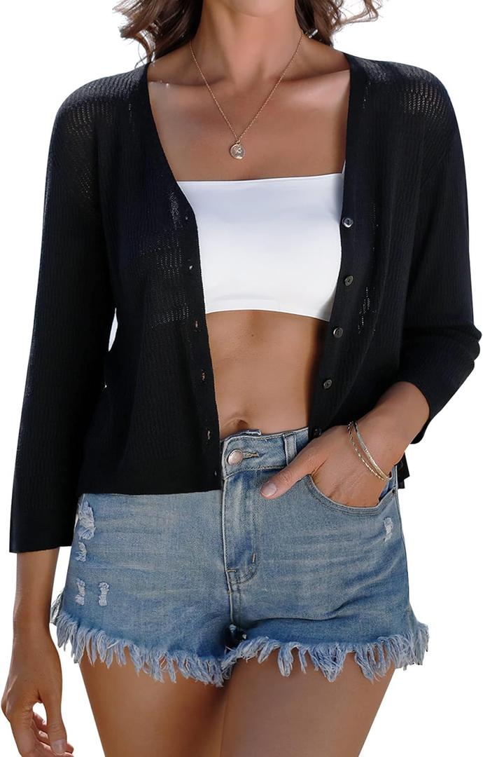 iClosam Womens Summer Lightweight Cropped Cardigans 3/4 Sleeve Knit Shrug V Neck Button Down Cardigans Sweaters (Large, Black)