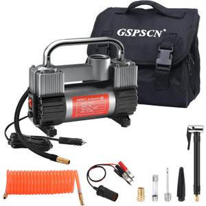 GSPSCN 6X Faster Inflation Tire Inflator Heavy Duty Double Cylinders with Portable Bag- Car AccessoriesMetal 12V Air Compressor Pump 150PSI with Adapter for Car, Truck, SUV Tires, Dinghy, Air Bed (Titanium)